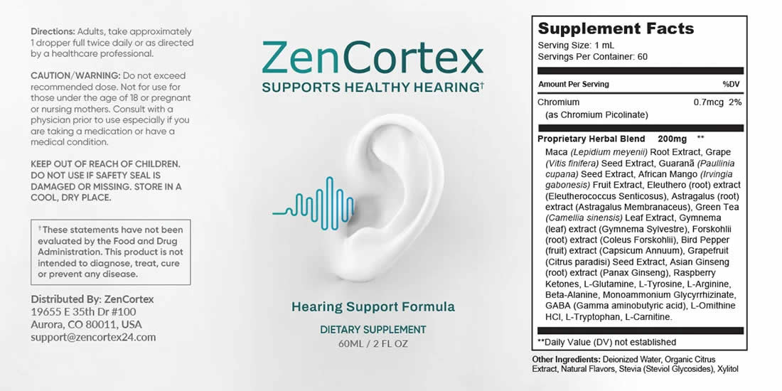 ZenCortex Supplement Facts Label